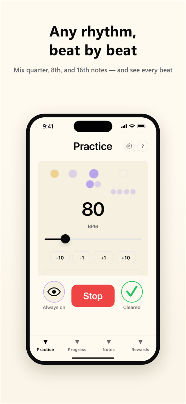 Practice screen mixing quarter, 8th and 16th notes beat by beat