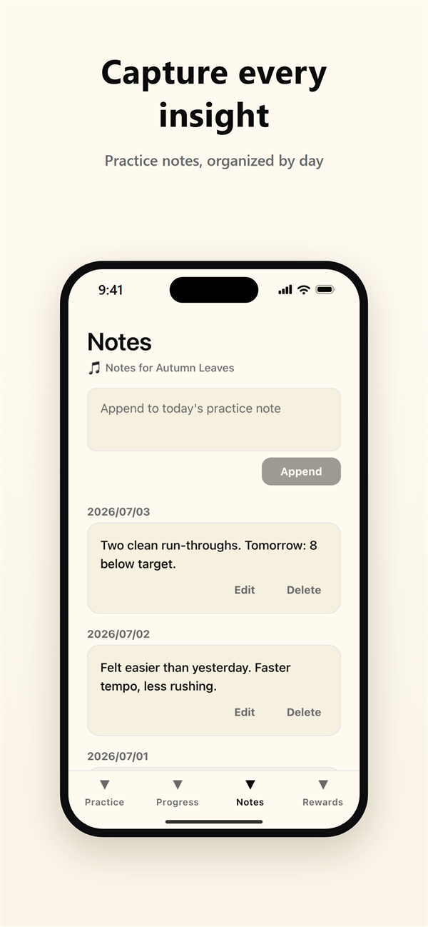 Notes screen organizing practice notes by day