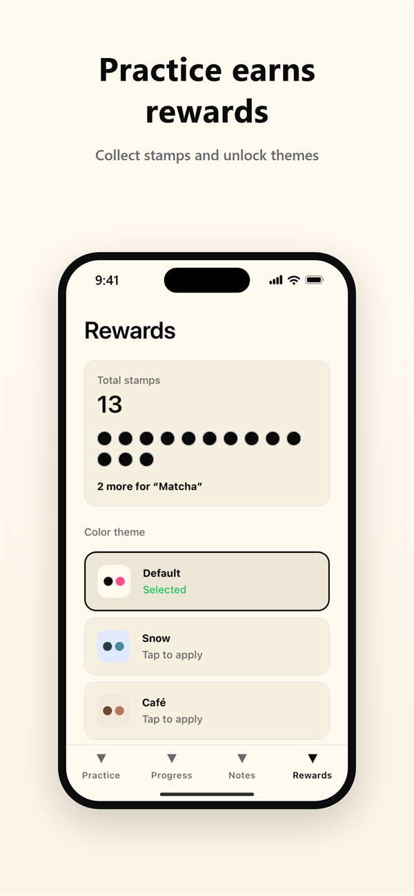 Rewards screen where practice earns stamps and unlocks themes